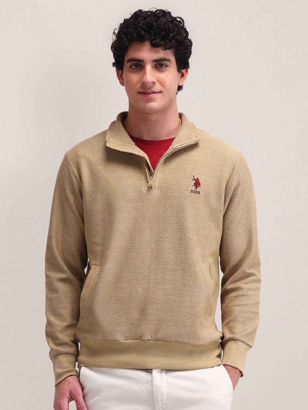 

U.S. Polo Assn. Men Self Design Brand Logo Cotton Casual Sweatshirt, Beige