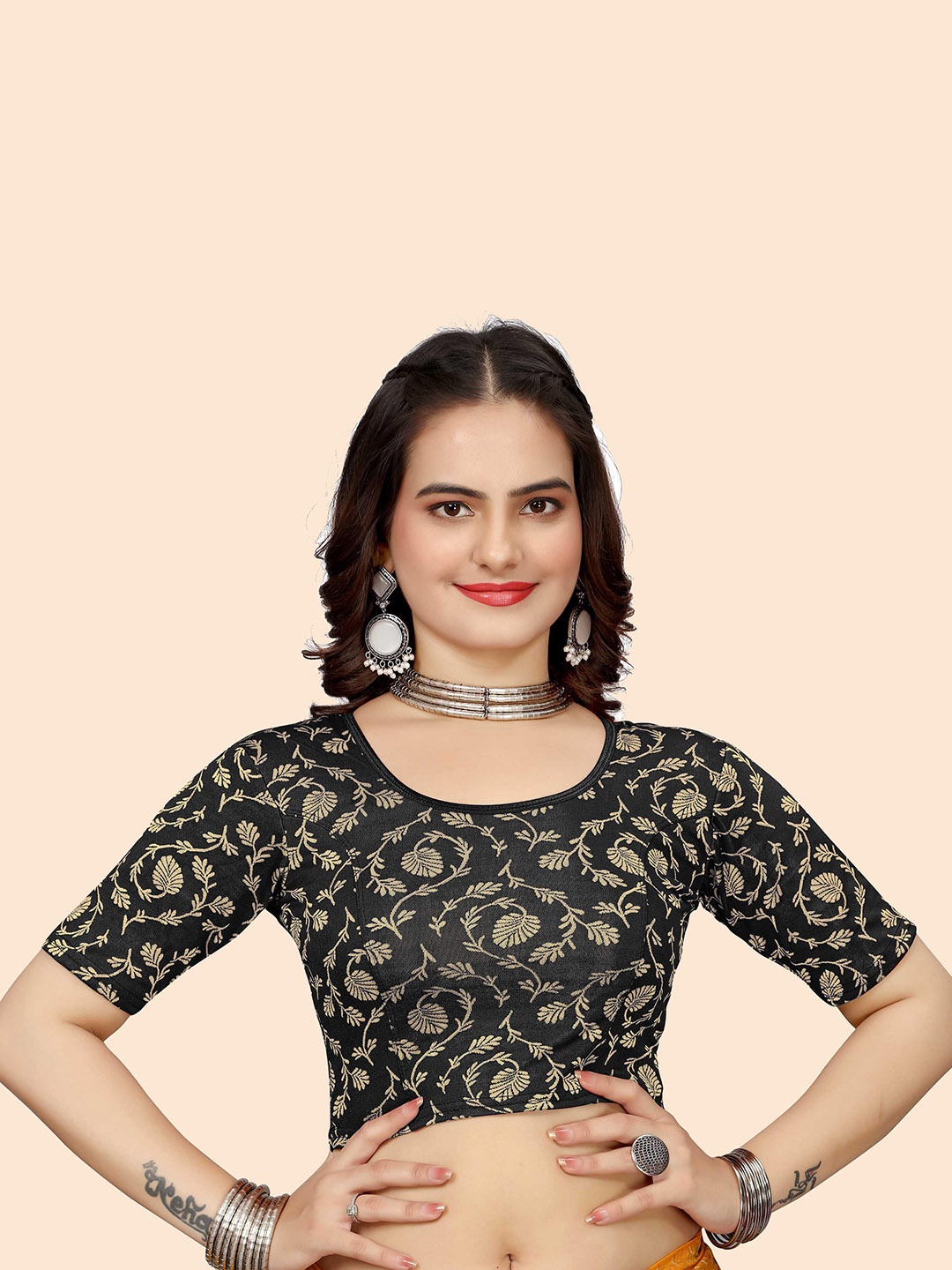 

SHREEJI DESIGNER Woven Design Stretchable Saree Blouse, Black