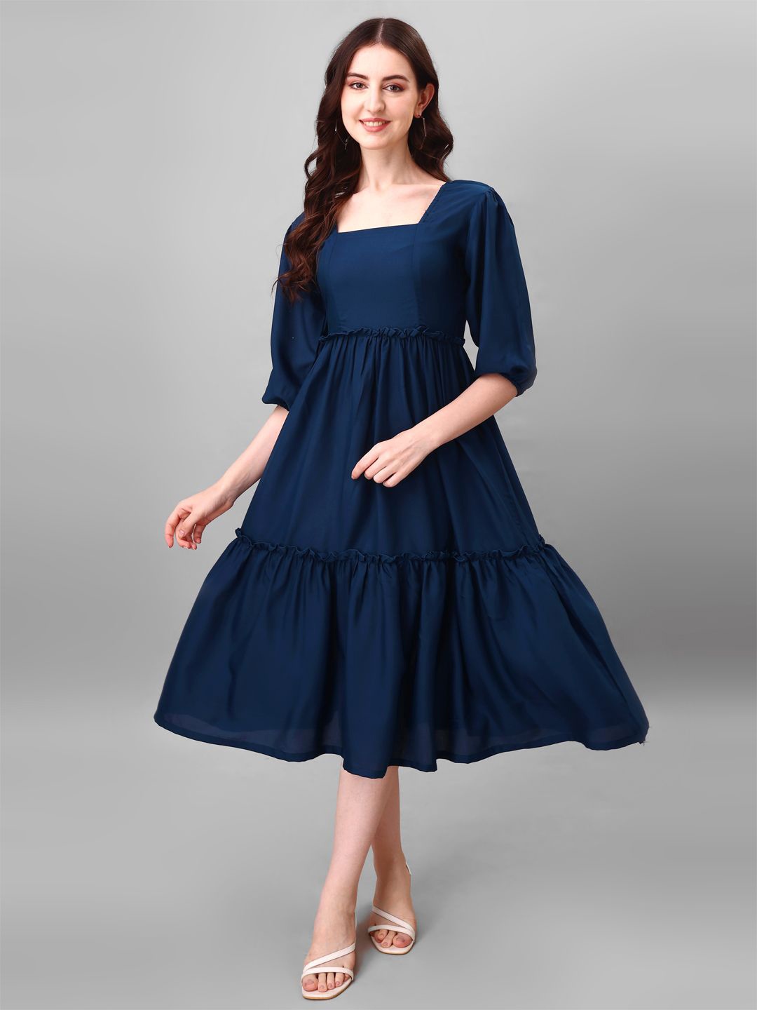 

Krunal Raiyani Women Square Neck Puff Sleeves Fit & Flare Midi Dress, Blue