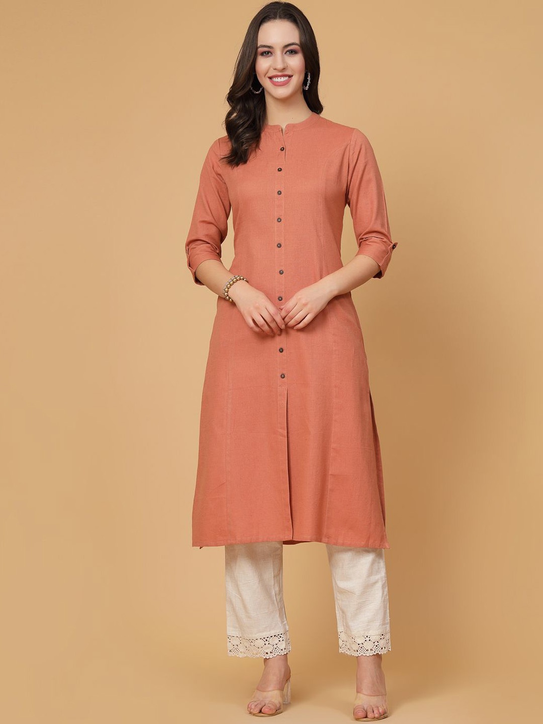 

Pistaa Mandarin Collar Pure Cotton A-Line Kurta, Rust