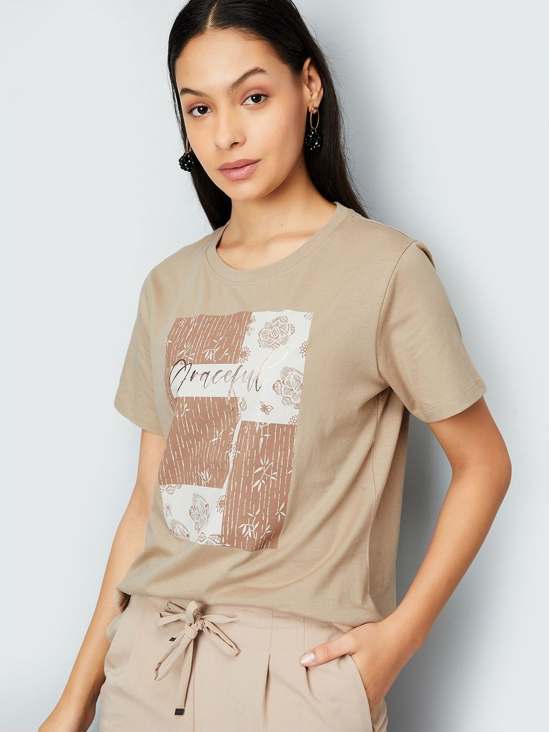 

max Women Graphic Printed Round Neck Cotton T-shirt, Beige