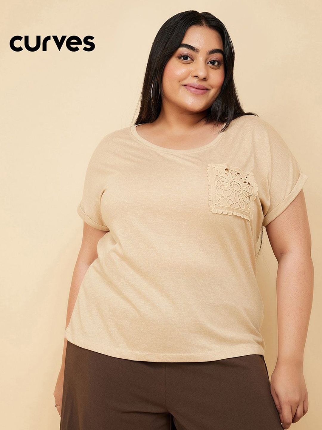 

max Women Solid Round Neck Cotton T-shirt, Beige