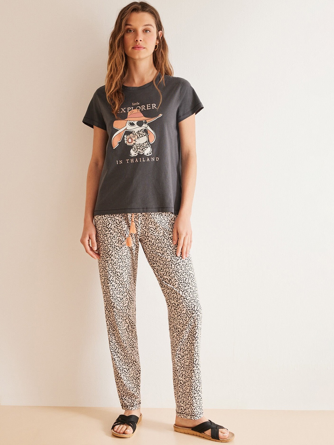 

women'secret Ohana Print Pure Cotton Night Suit, Charcoal