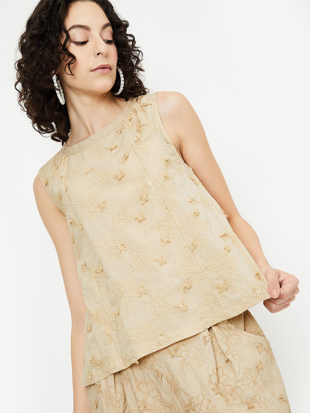 

max Women Cotton Floral Printed Cotton Top, Beige