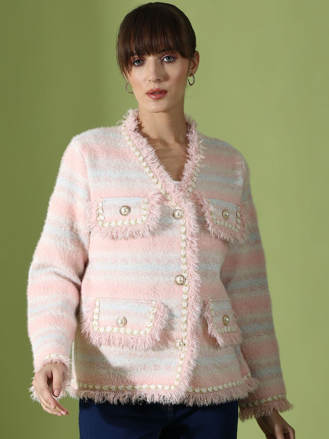 

KALINI Striped Woollen Cardigan Sweater, Pink