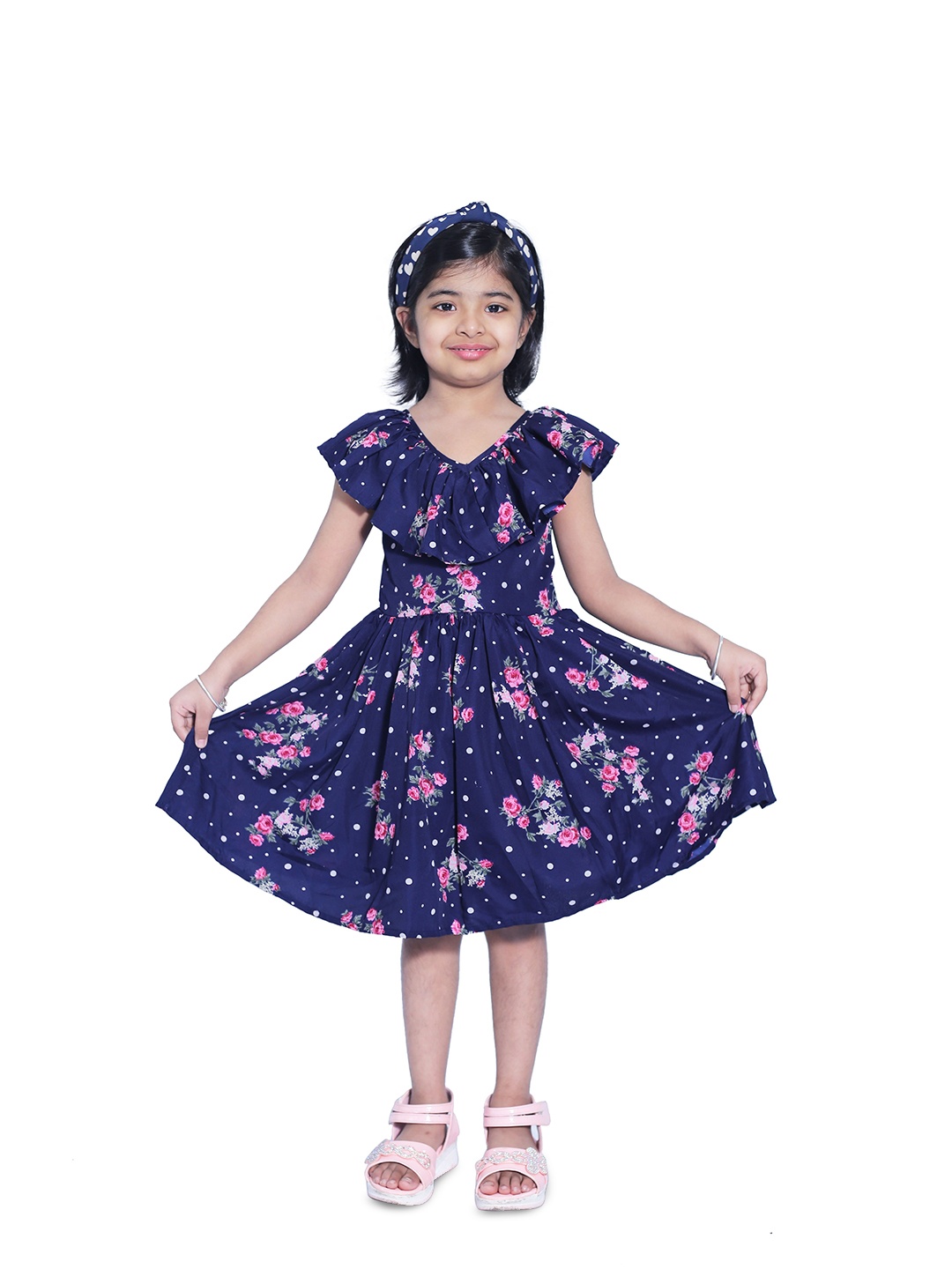 

Wish little Girls V-Neck Floral Printed A-Line Dress, Navy blue