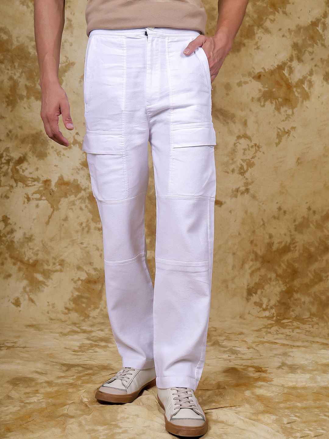 

BLUEBIRD Men Relaxed Slim Fit Cotton Cargos Trousers, White