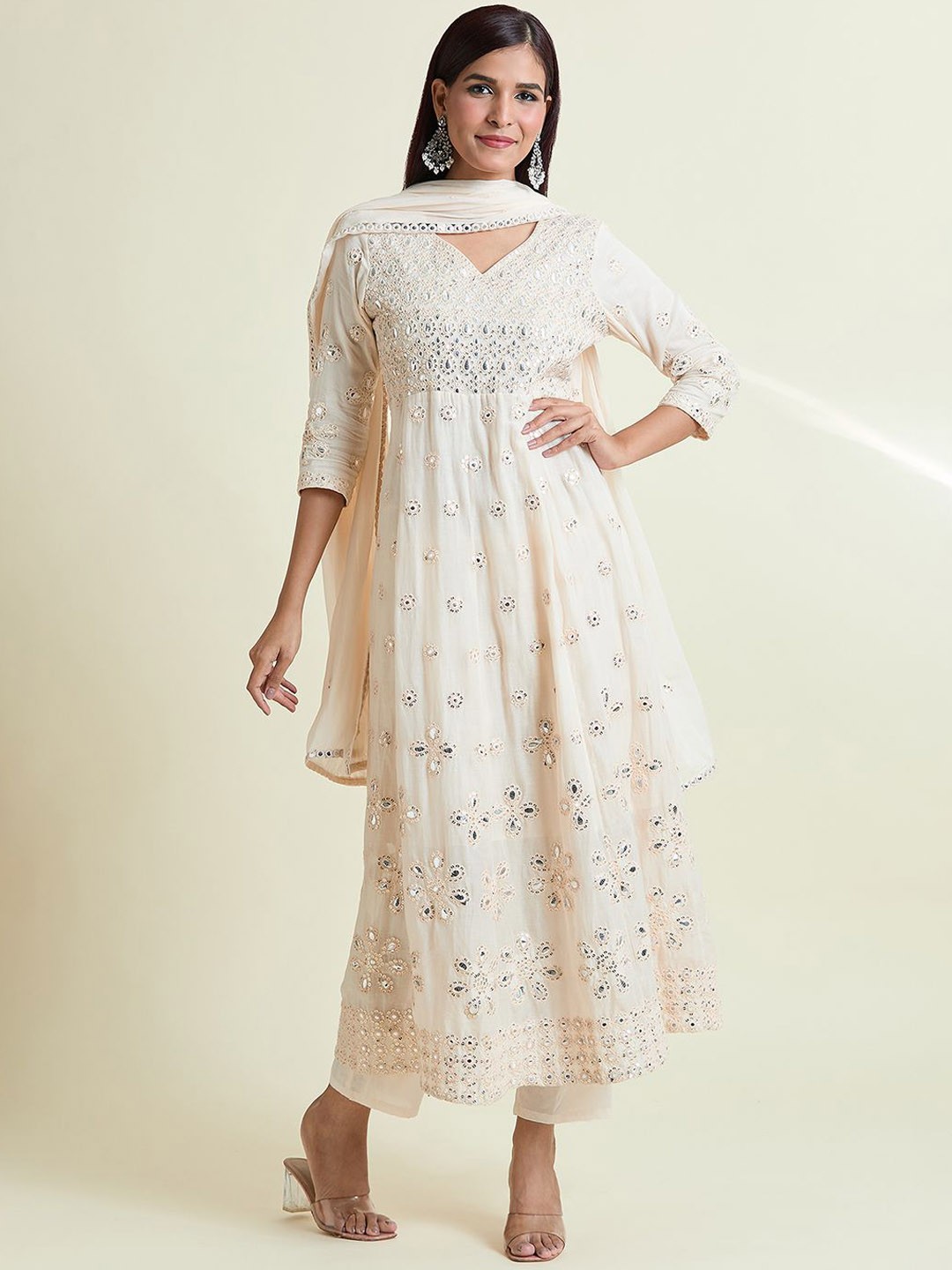 

Adara Khan Women Ethnic Motifs Embroidered Empire Sequinned Pure Cotton Kurta with Trousers & With Dupatta, Beige