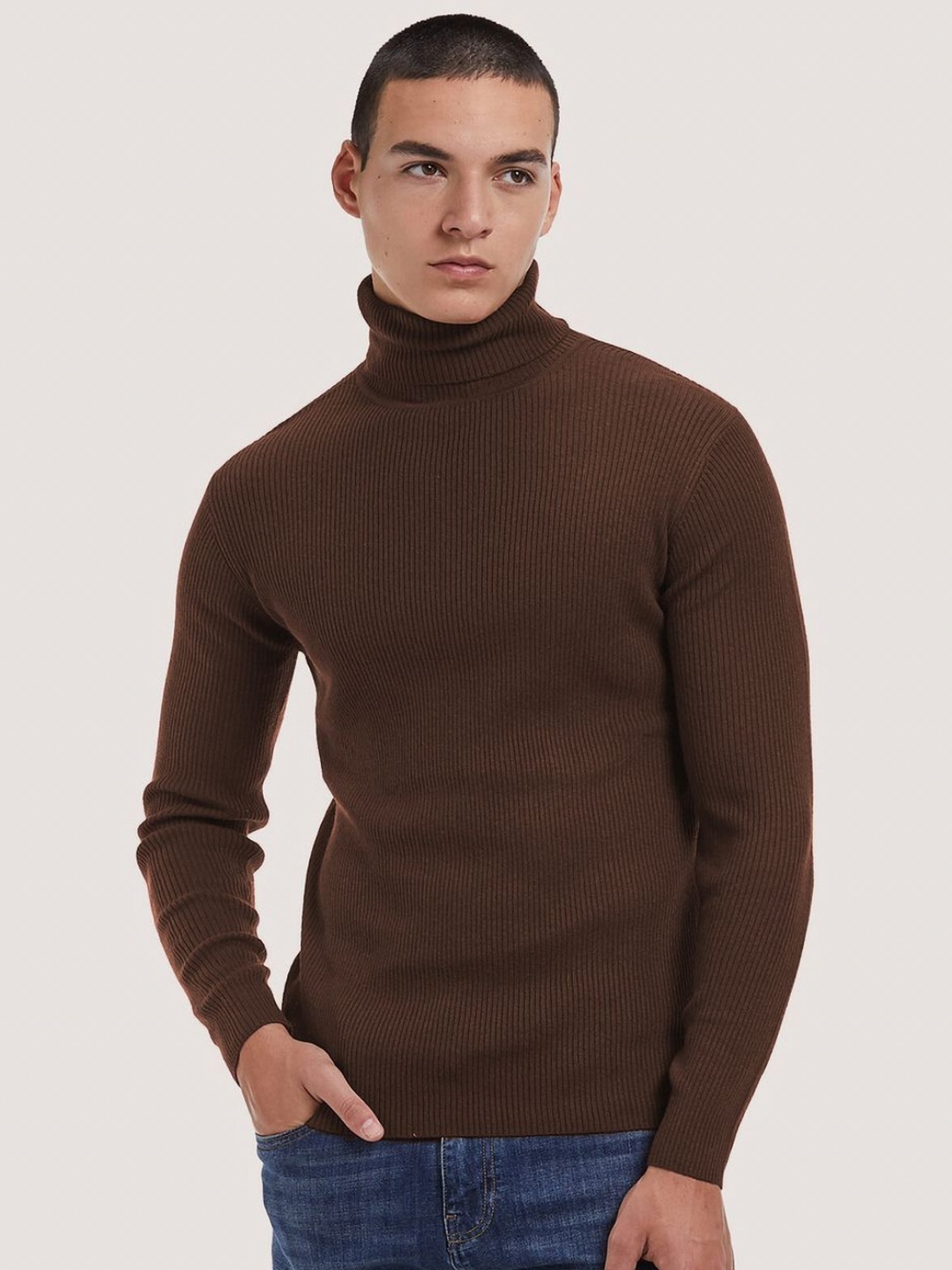 

Genzy Men Self Design High Neck Slim Fit T-shirt, Brown