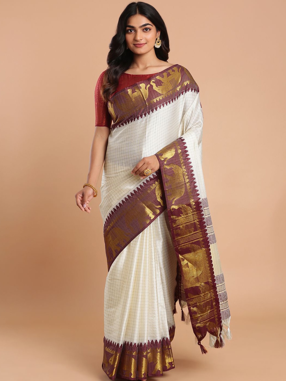 

Kalyan Silks Checked Zari Kanjeevaram Saree, Off white