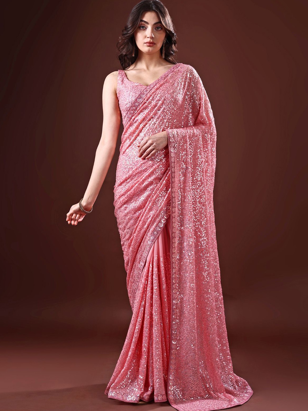 

ODETTE Embellished Sequinned Saree, Pink