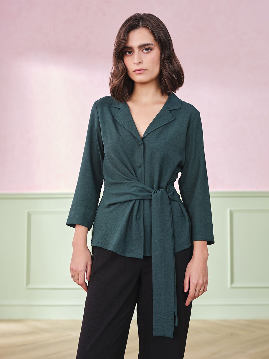 

AND Women Lapel Collar Three-Quarter Sleeves Top, Green