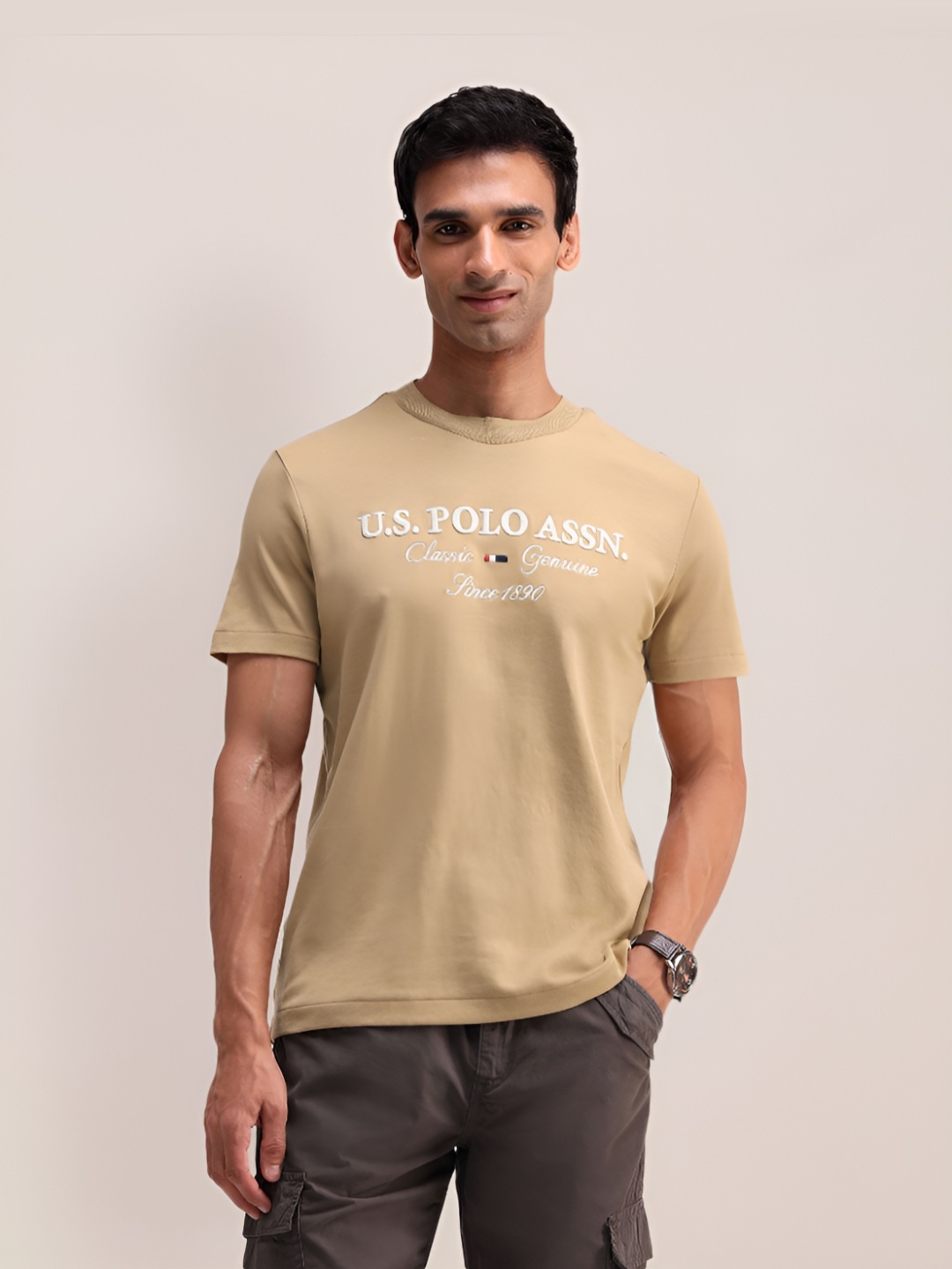 

U.S. Polo Assn. Men Brand Logo Printed Round Neck Cotton Slim Fit T-shirt, Beige