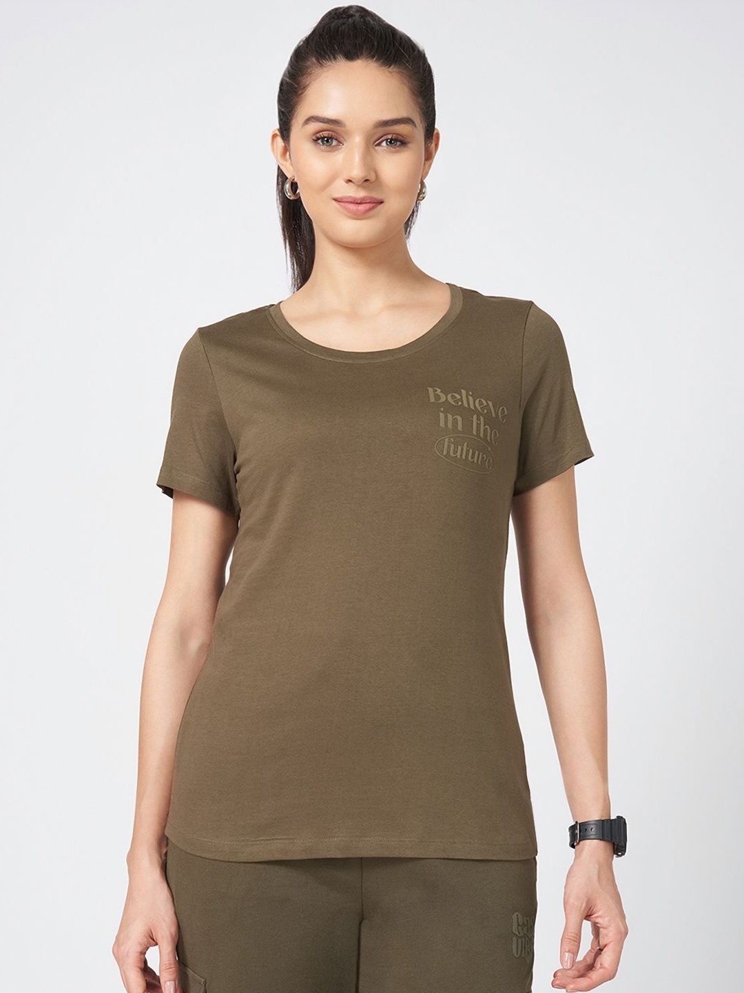 

Ajile by Pantaloons Women Typography Printed Round Neck Cotton T-shirt, Brown