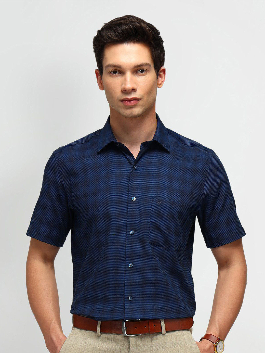 

Arrow Men Classic Spread Collar Micro Checked Cotton Formal Shirt, Blue