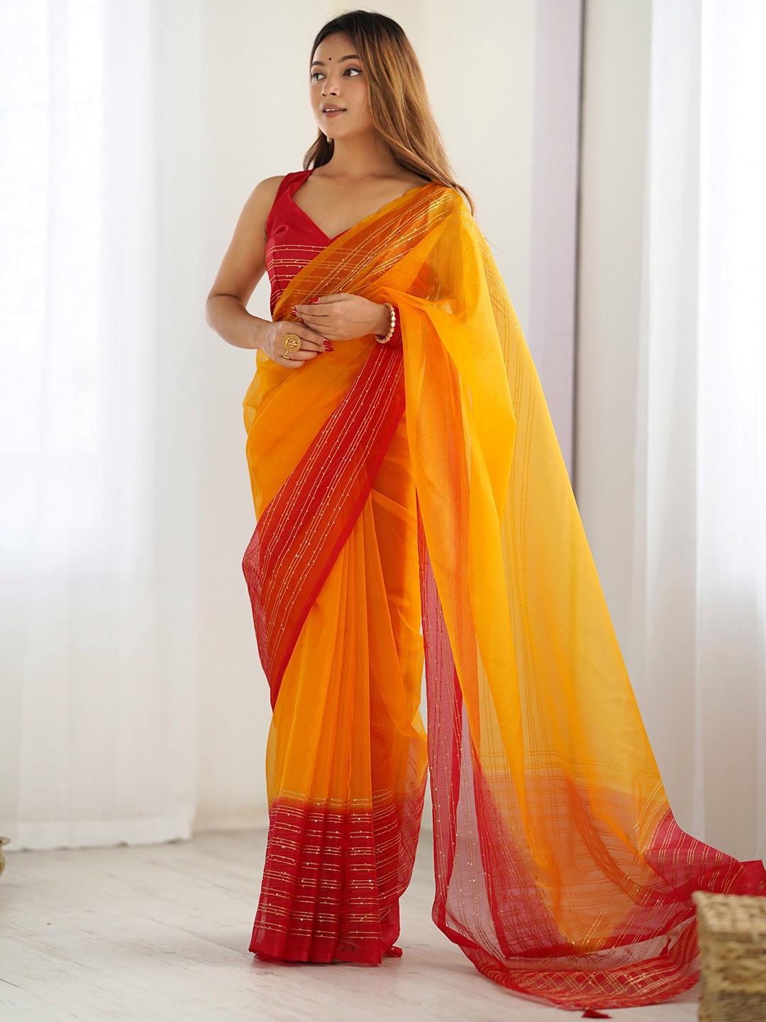 

CANIZZARO Zari Organza Khadi Embllished Zari Border Saree, Yellow