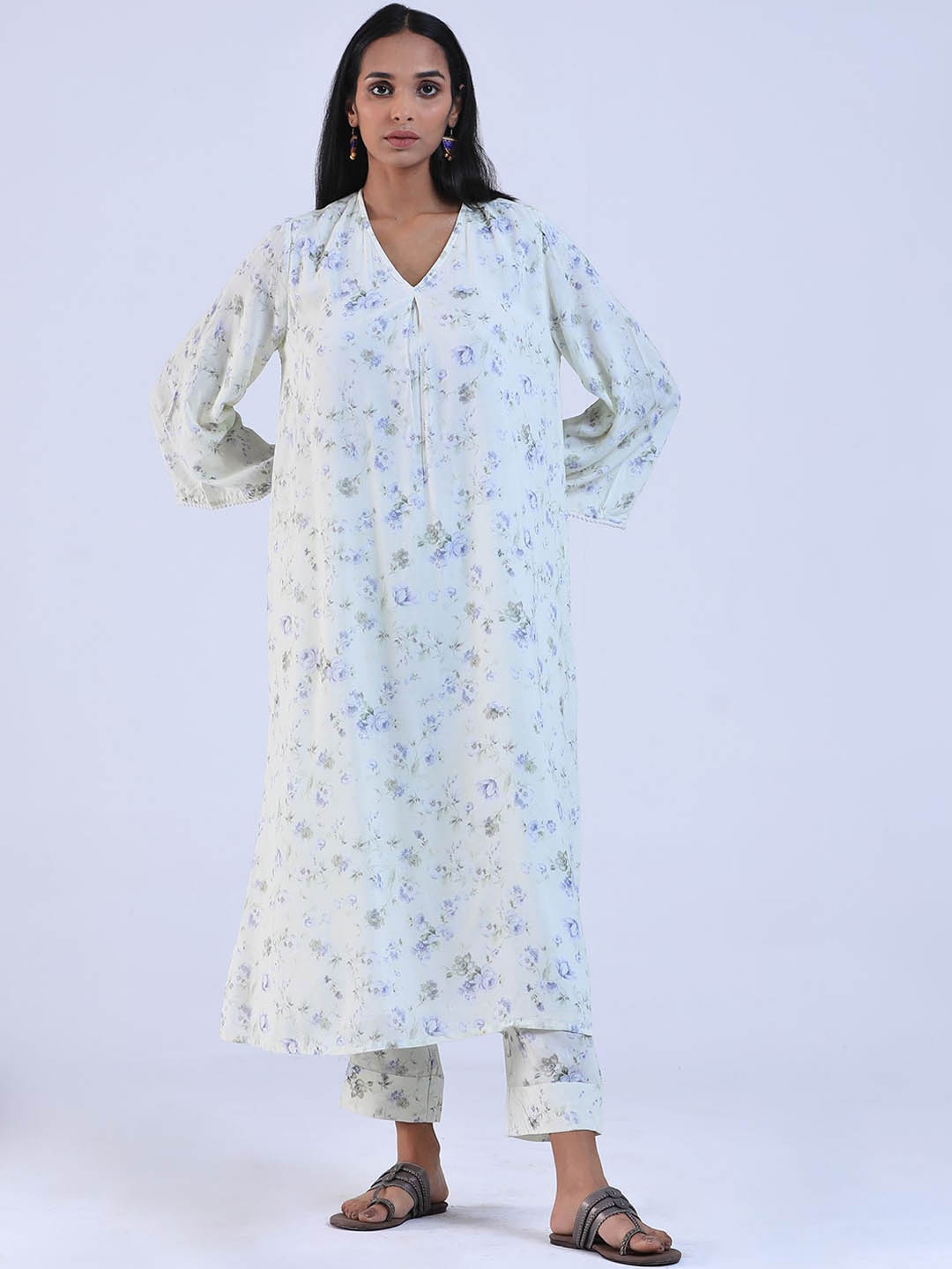

TJORI V Neck Floral Printed Cotton A Line Kurta, Off white