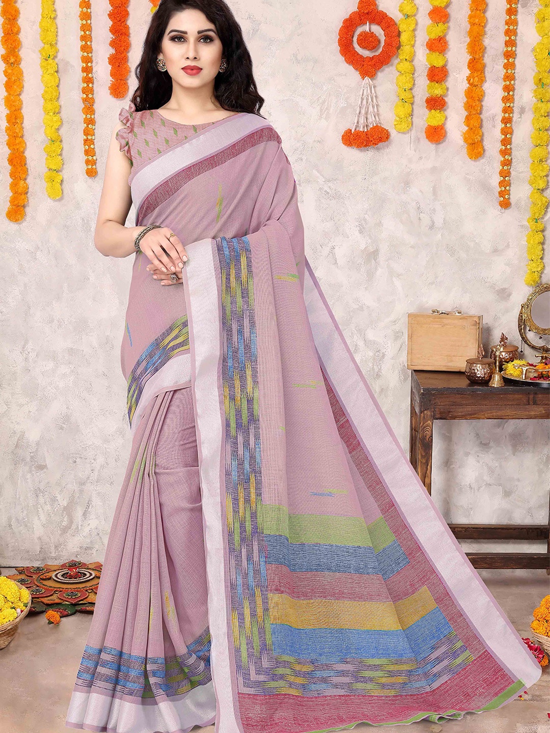 

KALINI Zari Block Print Saree With Blouse Piece, Pink