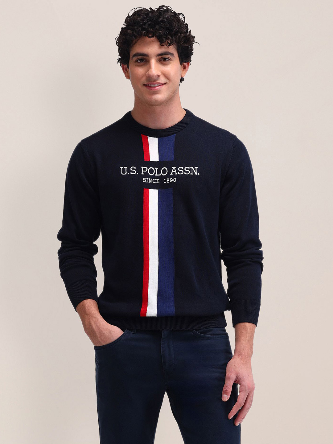 

U.S. Polo Assn. Men Cotton Printed Long Sleeves Round Neck Casual Pullover Sweaters, Blue