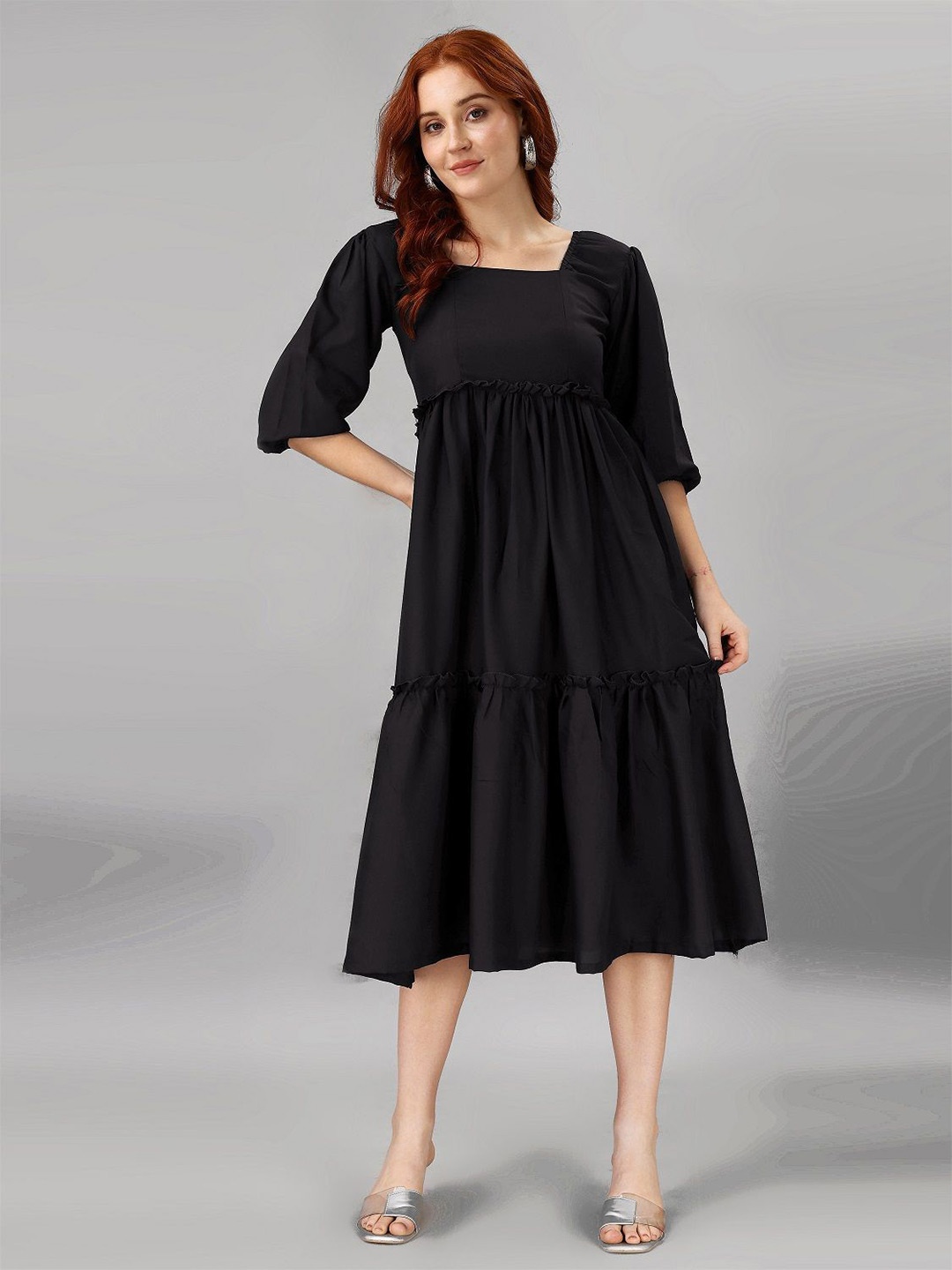 

Raiyani Enterprise Women Square Neck Puff Sleeves Fit & Flare Midi Dress, Black
