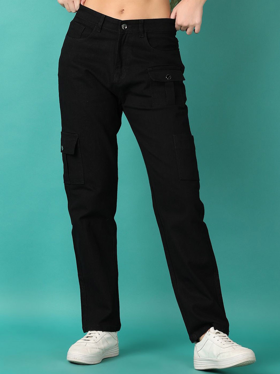 

V-Mart Women Straight Fit Cotton Cargo Styles Jeans, Black