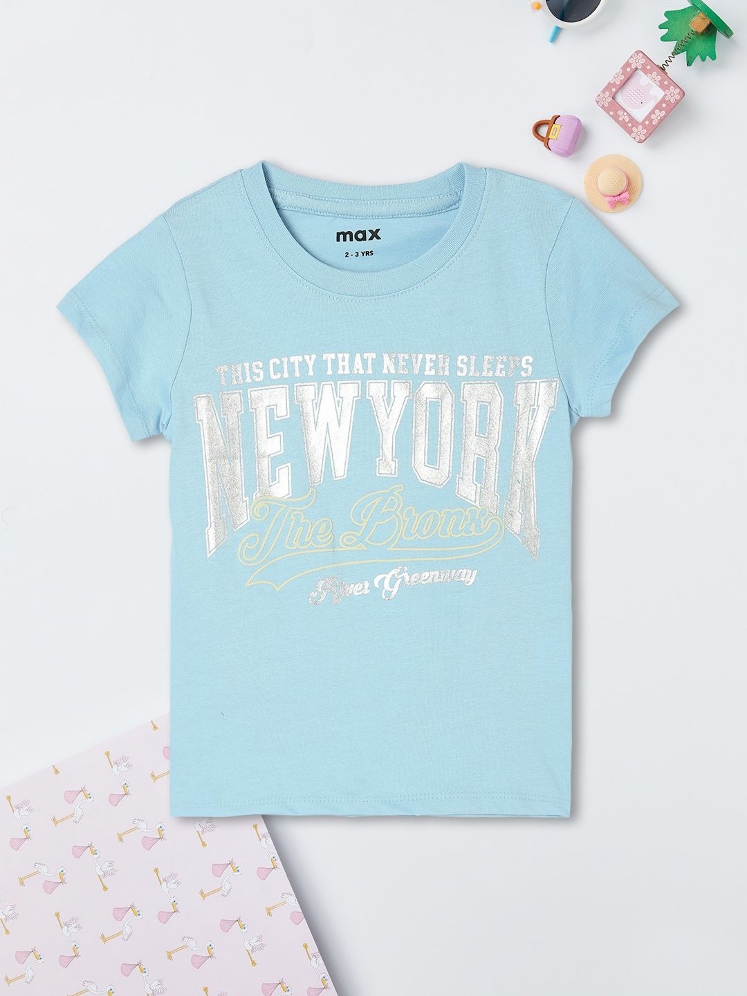 

max Girls Typography Printed Round Neck Cotton T-shirt, Blue