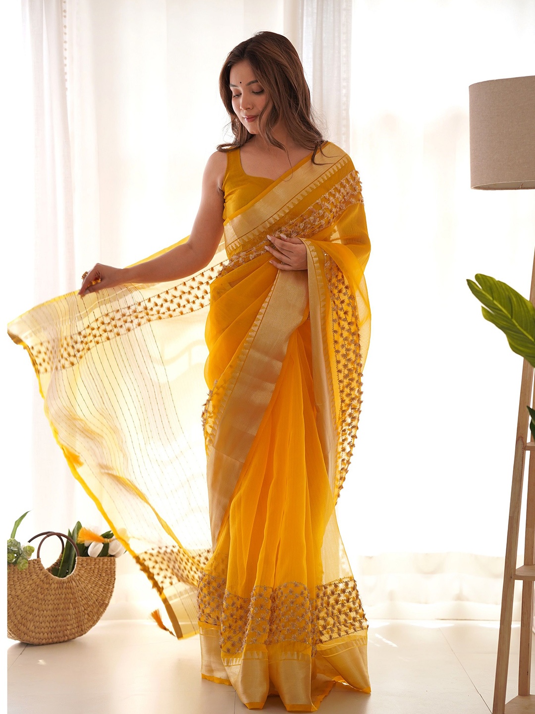 

QVAZOR Embellished Sequinned Designer Saree, Yellow