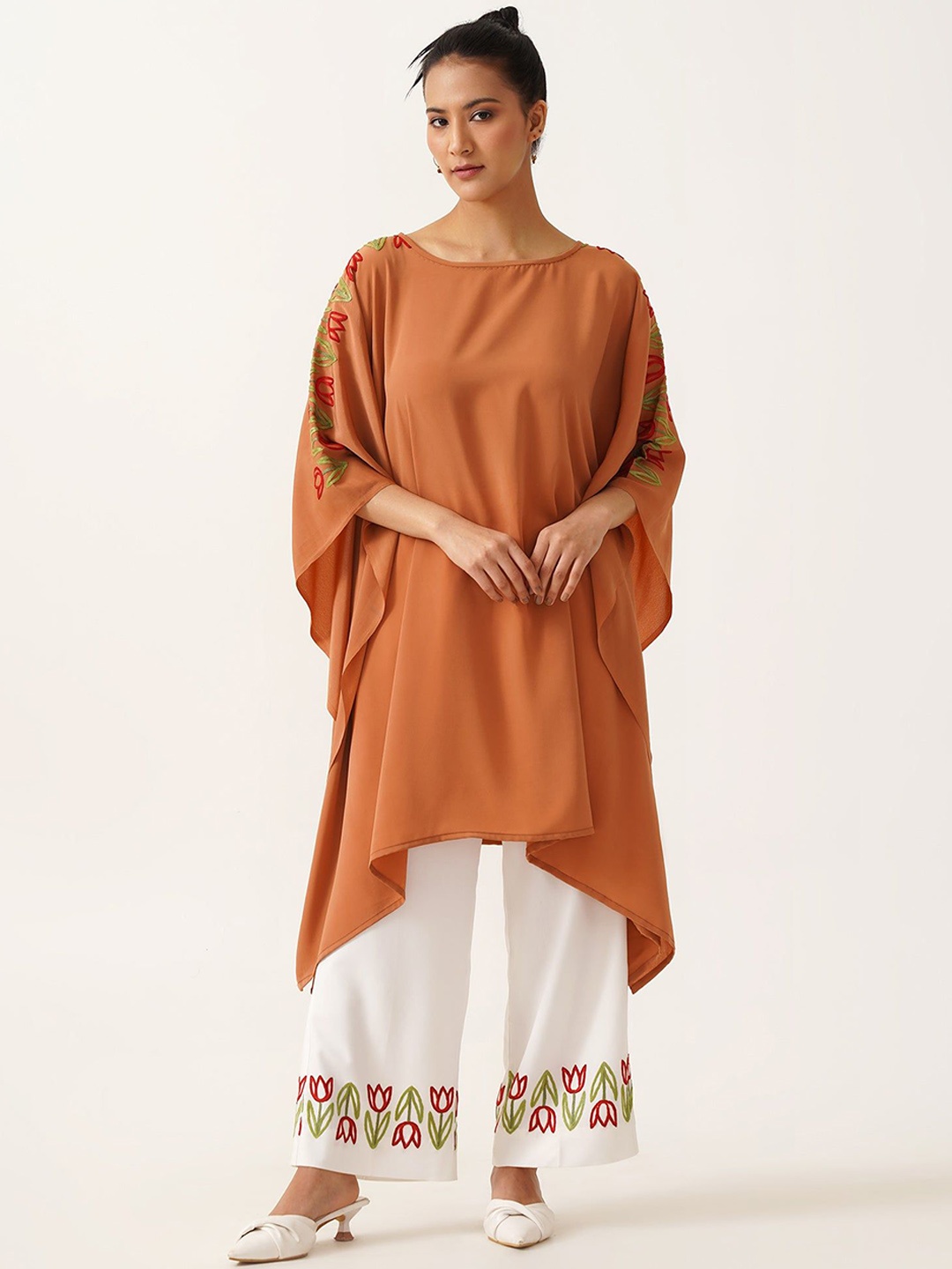 

Kashmir Box Floral Embroidered Thread Work Mandarin Collar Kaftan Kurta With Palazzos, Rust