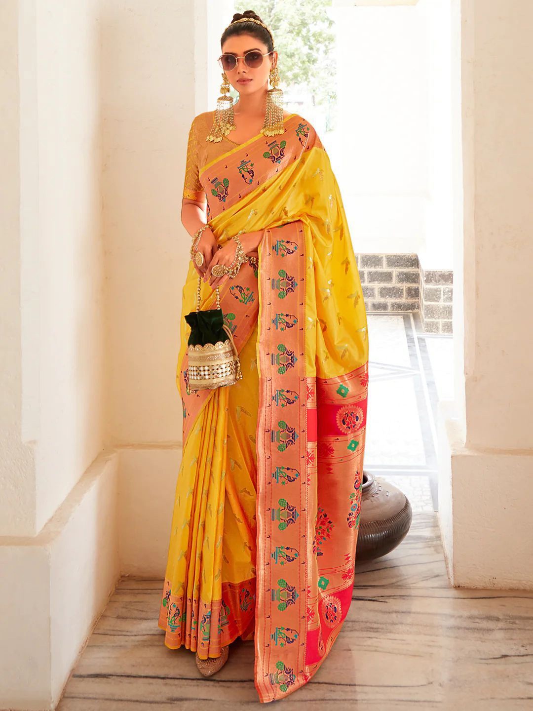 

KALINDI Woven Design Zari Paithani Saree, Yellow