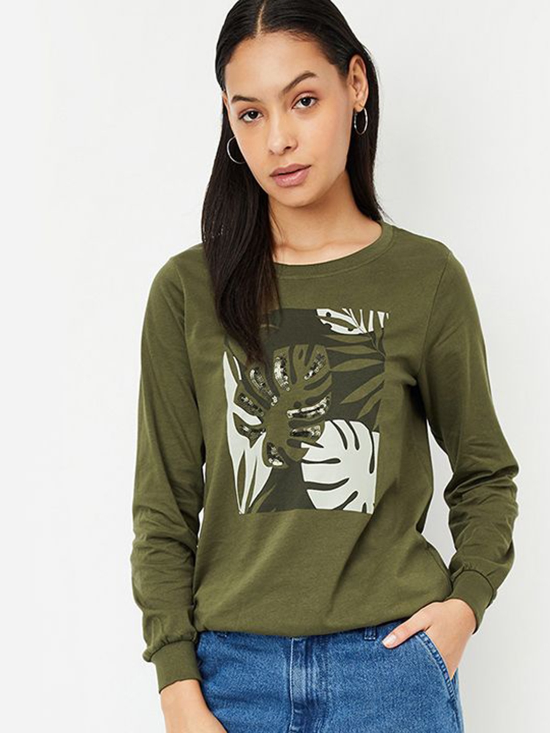 

max Women Printed Raw Edge T-shirt, Green