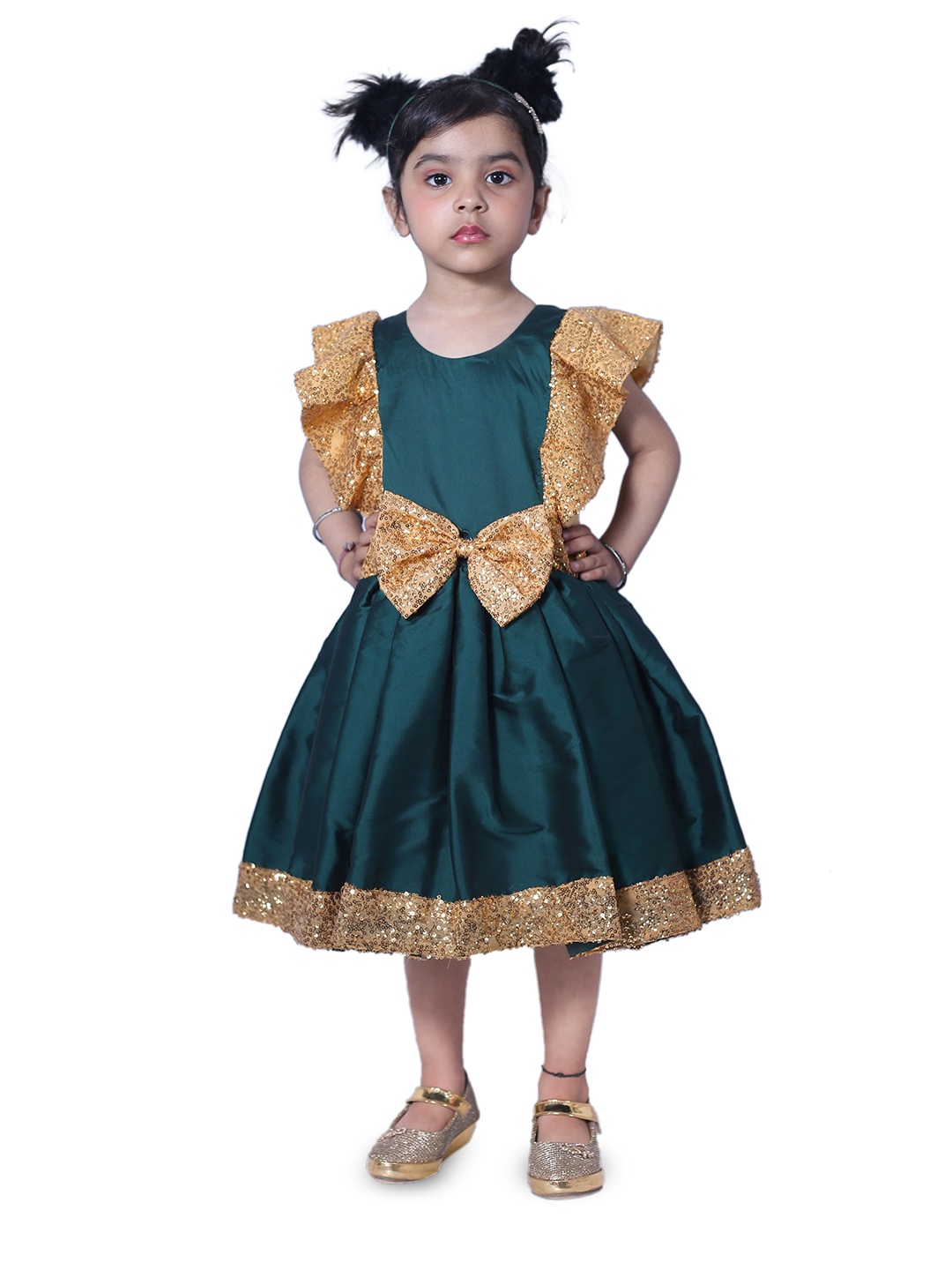 

Wish little Girls Embellished Sequined Bow & Ruffle Detail Satin Fit & Flare Dress, Teal