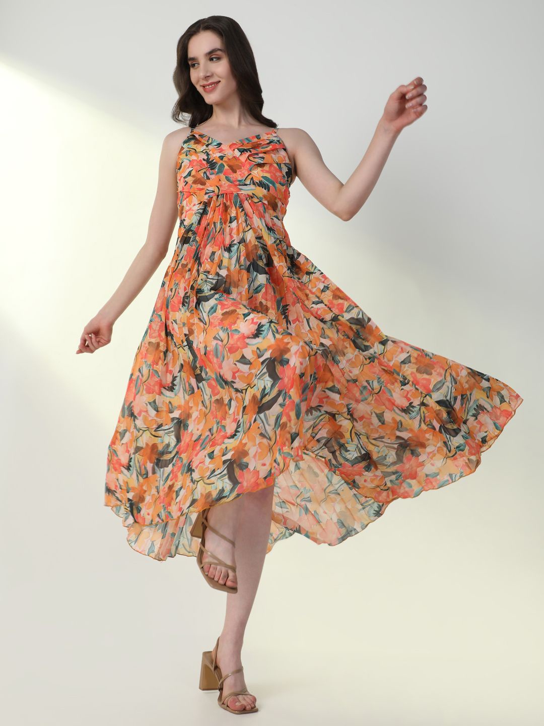 

SHOWOFF Women Floral Print Georgette Fit & Flare Midi Dress, Orange