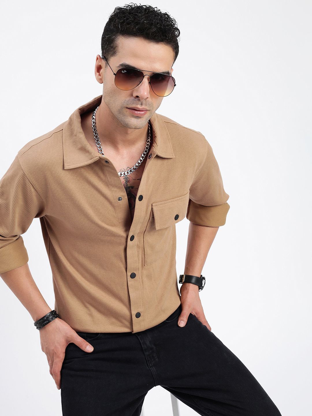 

SHOWOFF Men Standard Spread Collar Textured Cotton Casual Shirt, Brown