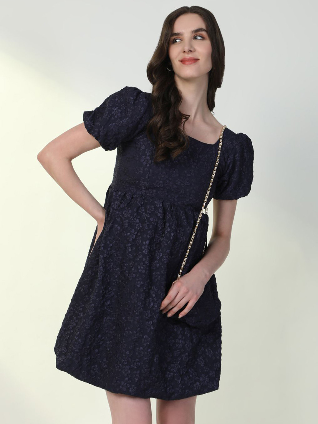 

SHOWOFF Women Puff Sleeve Fit & Flare Mini Dress, Navy blue