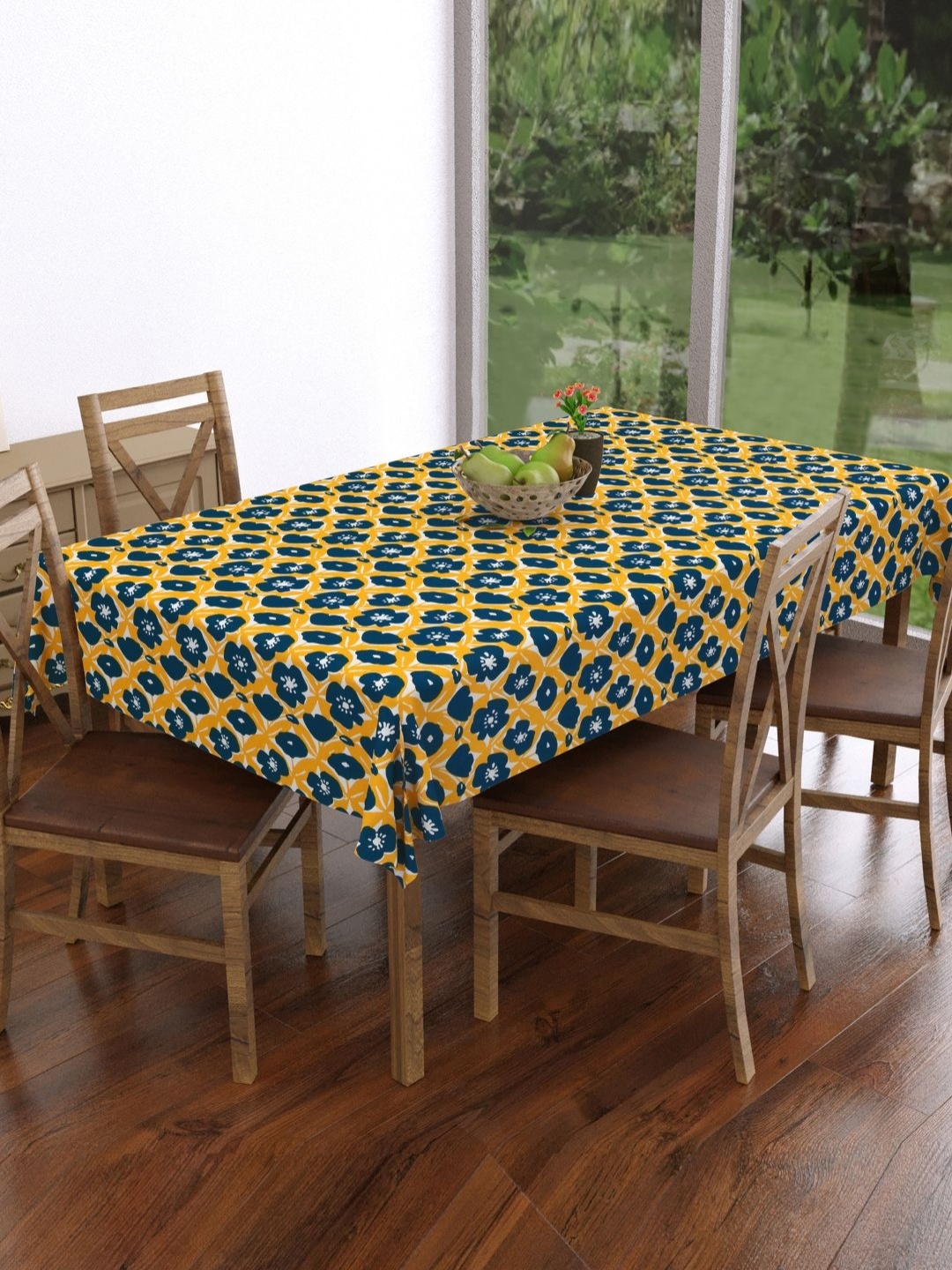 

BLOCKS OF INDIA Yellow Floral Cotton 4-Seater Table Cover