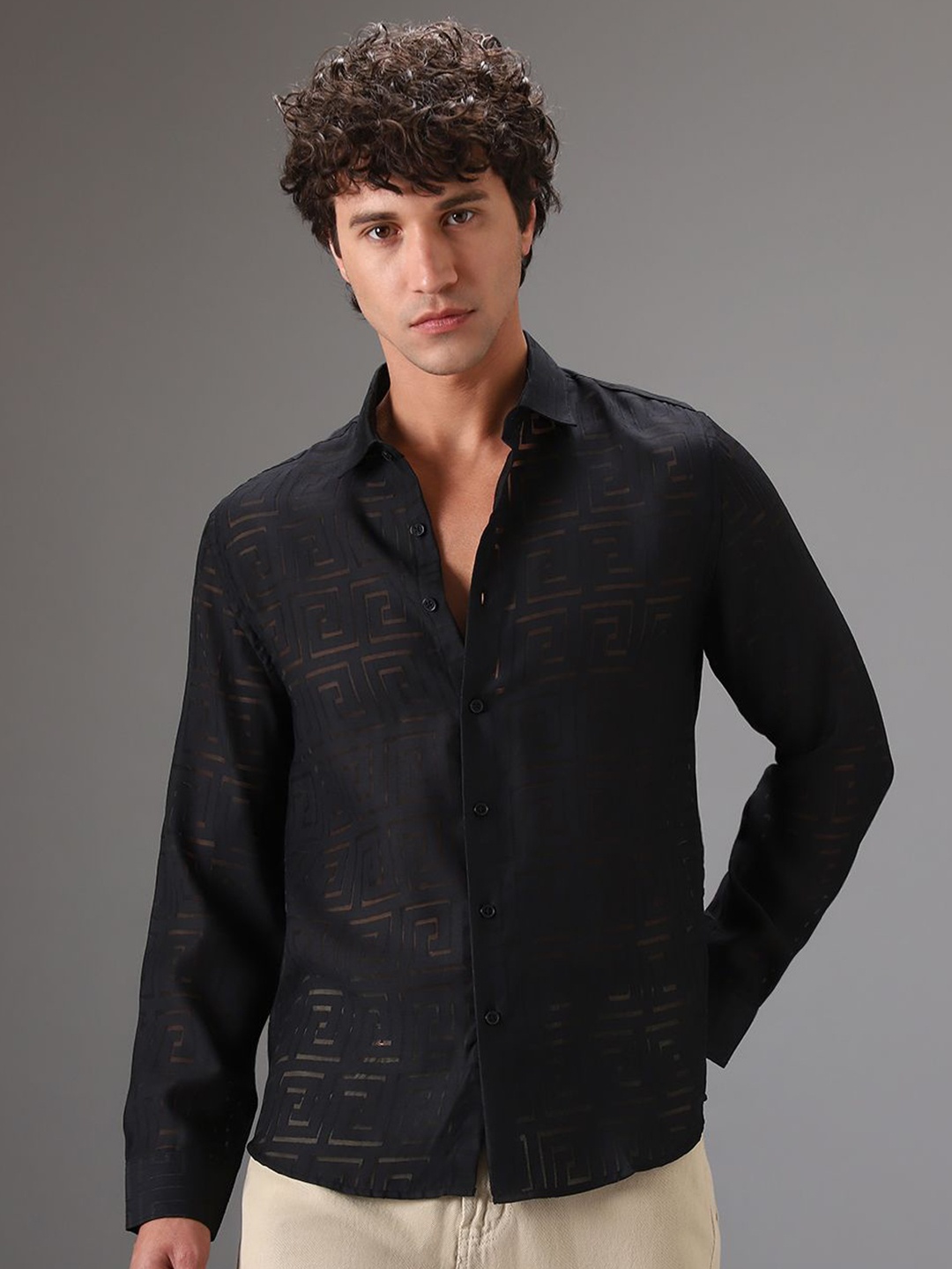

Banana Club Men Classic Slim Fit Semi Sheer Casual Shirt, Black
