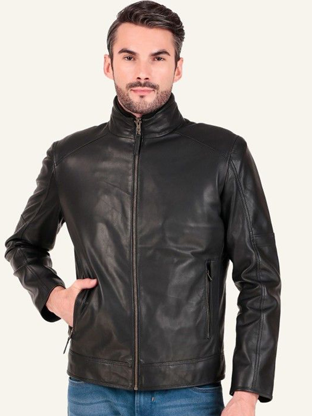 

Leather Retail Men Mock Collar Solid Leather Casual Biker Jacket, Black