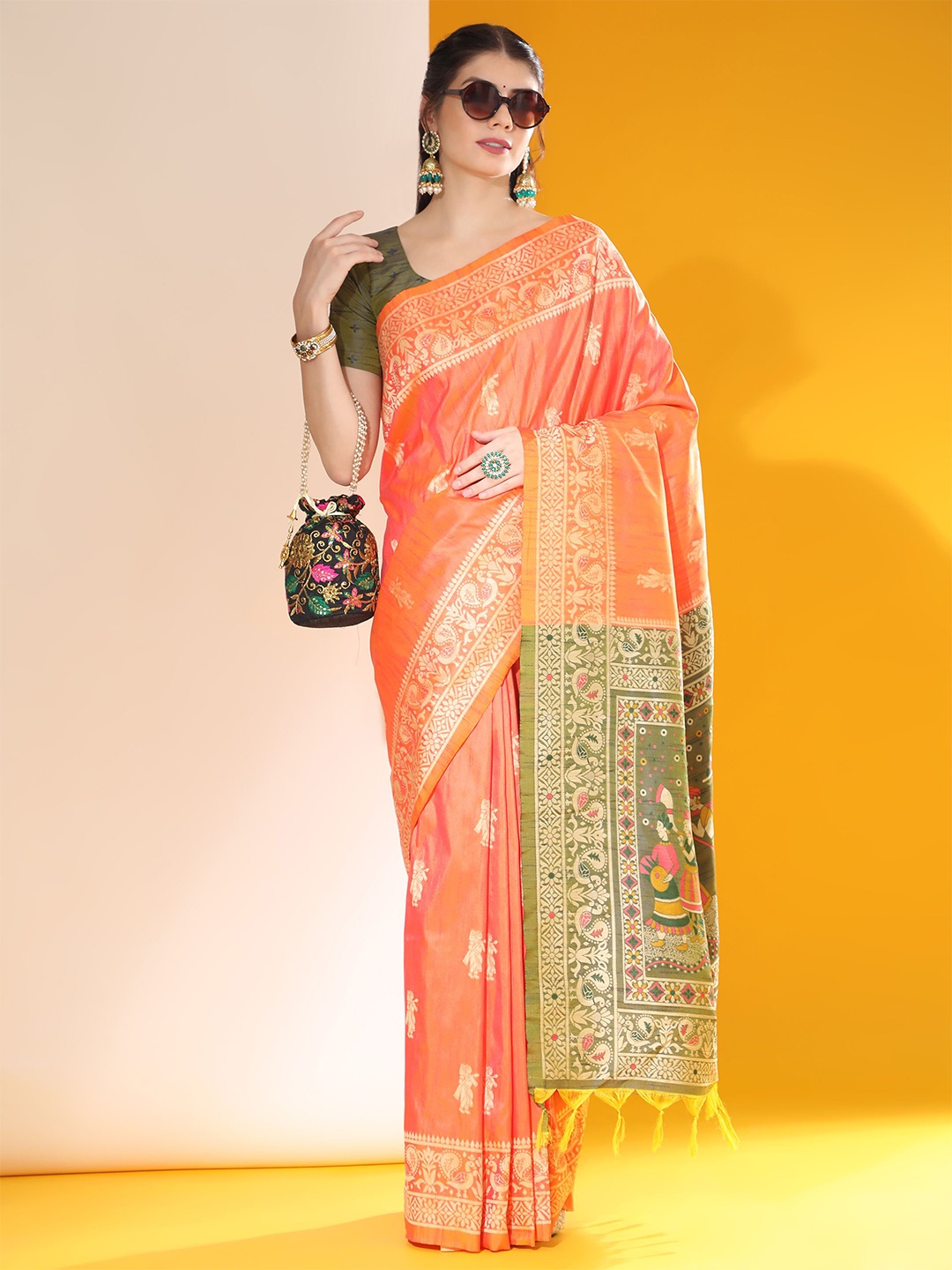 

Jinal & Jinal Woven Design Zari Pure Silk Banarasi Saree, Orange