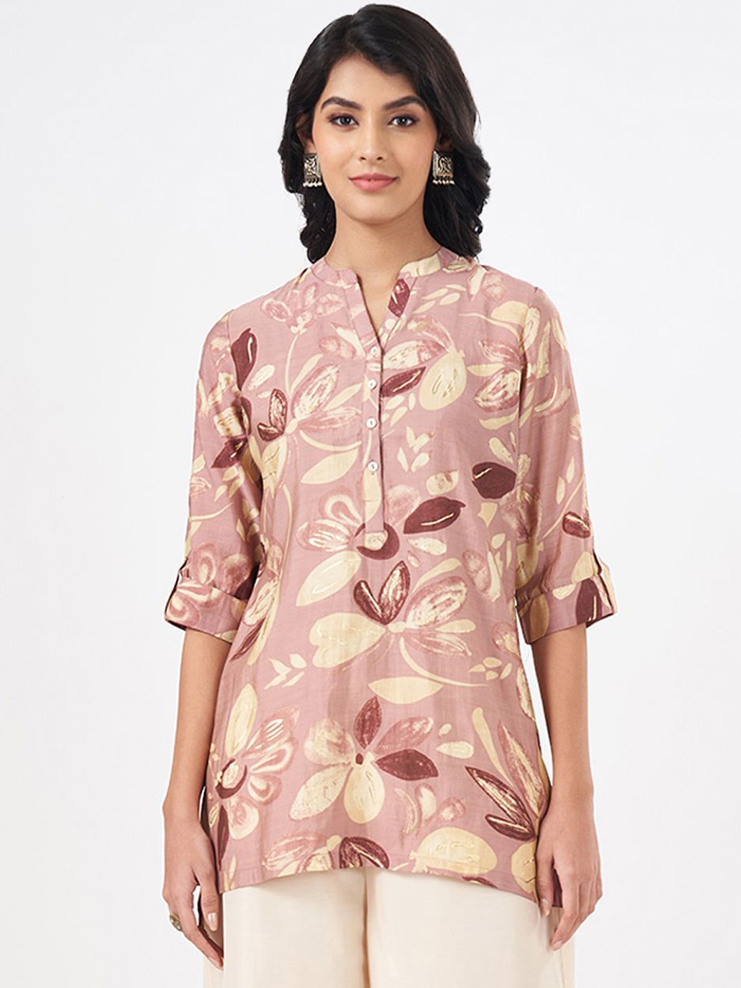 

RANGMANCH BY PANTALOONS Floral Mandarin Collar Tunic, Pink