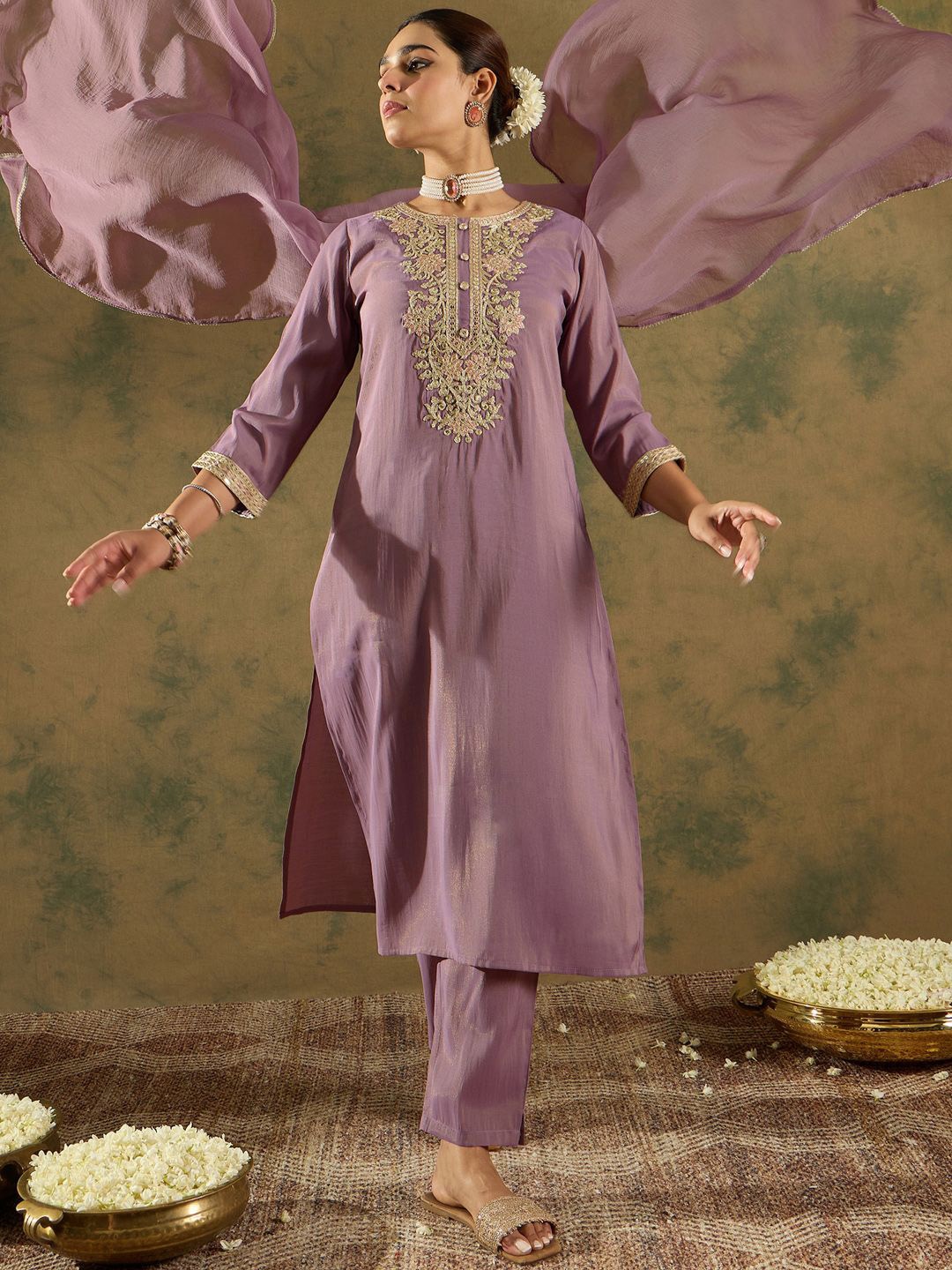 

Indo Era Ethnic Motifs Embroidered Regular Straight Kurta with Trousers & Dupatta, Lavender