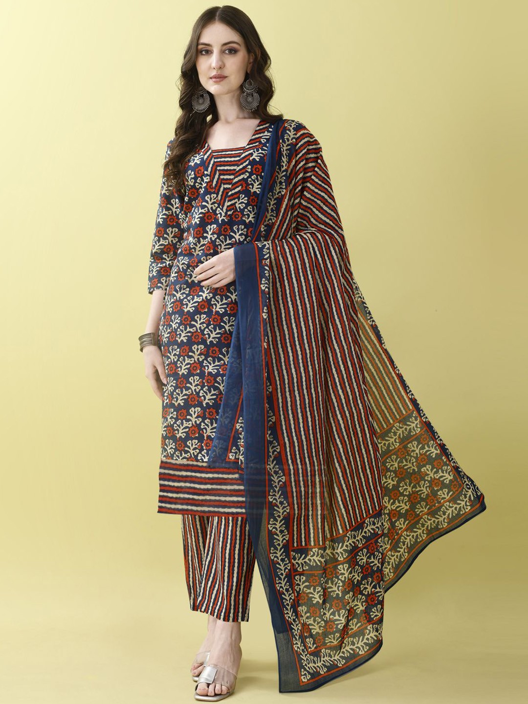 

KALINI Floral Printed Pure Cotton Straight Kurta with Trousers & Dupatta, Blue