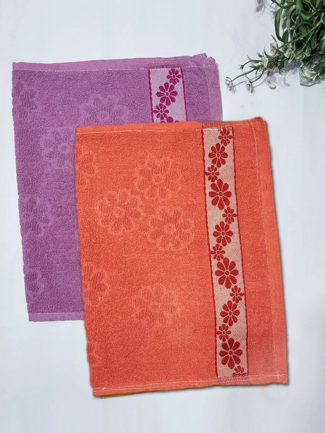 

ANA Green & Purple 2 Pieces Printed Pure Cotton Hand Towels, Orange