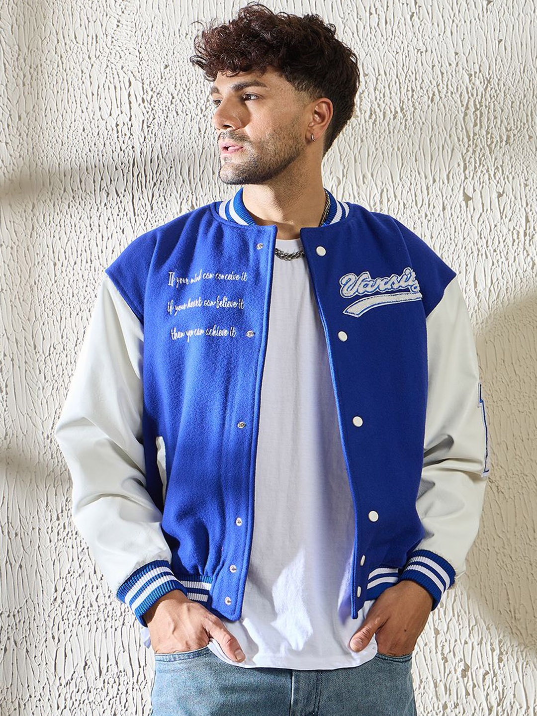 

FUGAZEE Men Stand Collar Typography Printed Woollen Casual Varsity Jacket, Blue