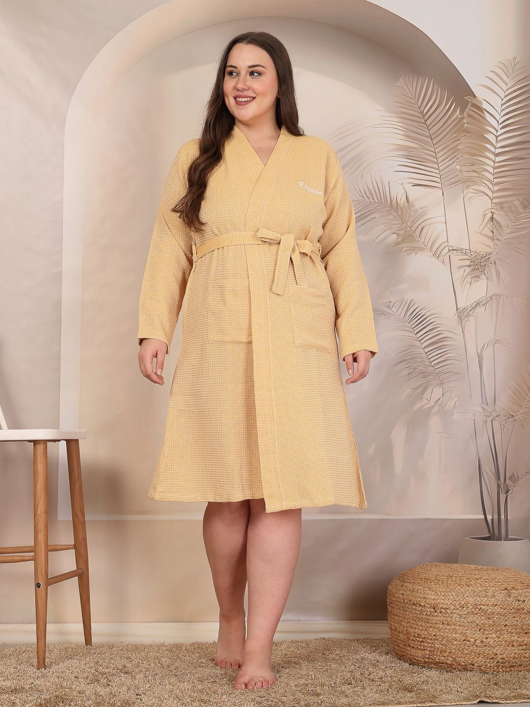 

KLOTTHE Long Sleeves Water Pluz Size Absorbent Pure Cotton Bath Robe With Waist Belt, Yellow