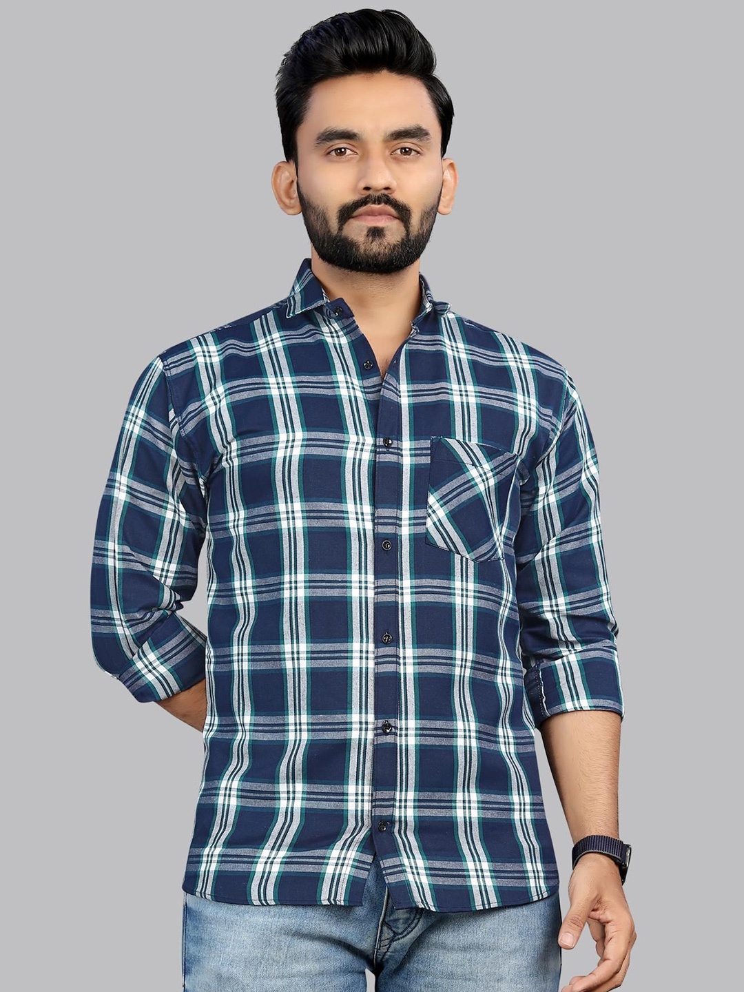 

allan peter Men Classic Spread Collar Checked Cotton Casual Shirt, Navy blue