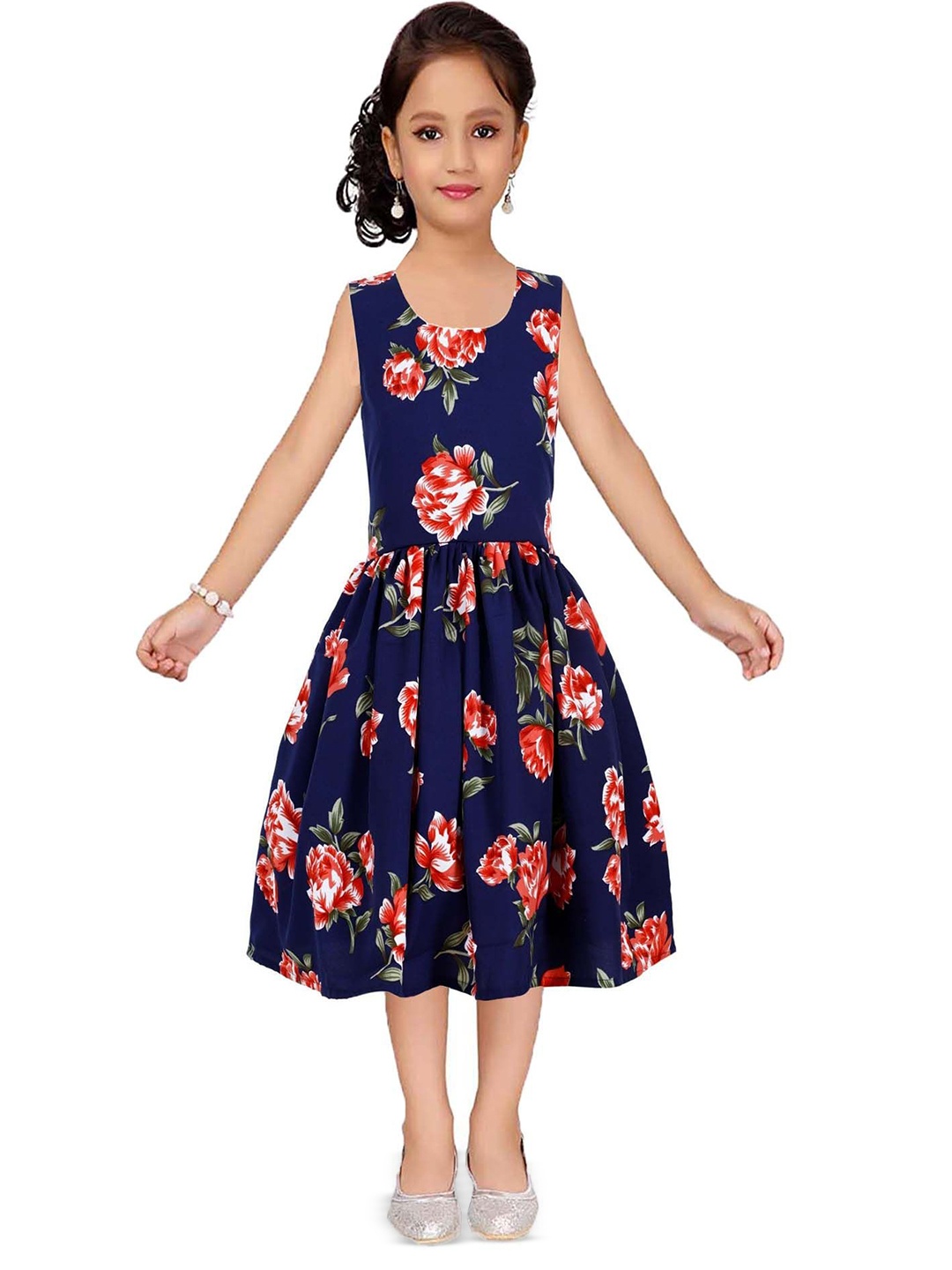

Wish little Girls Floral Printed Fit and Flare Dress, Navy blue