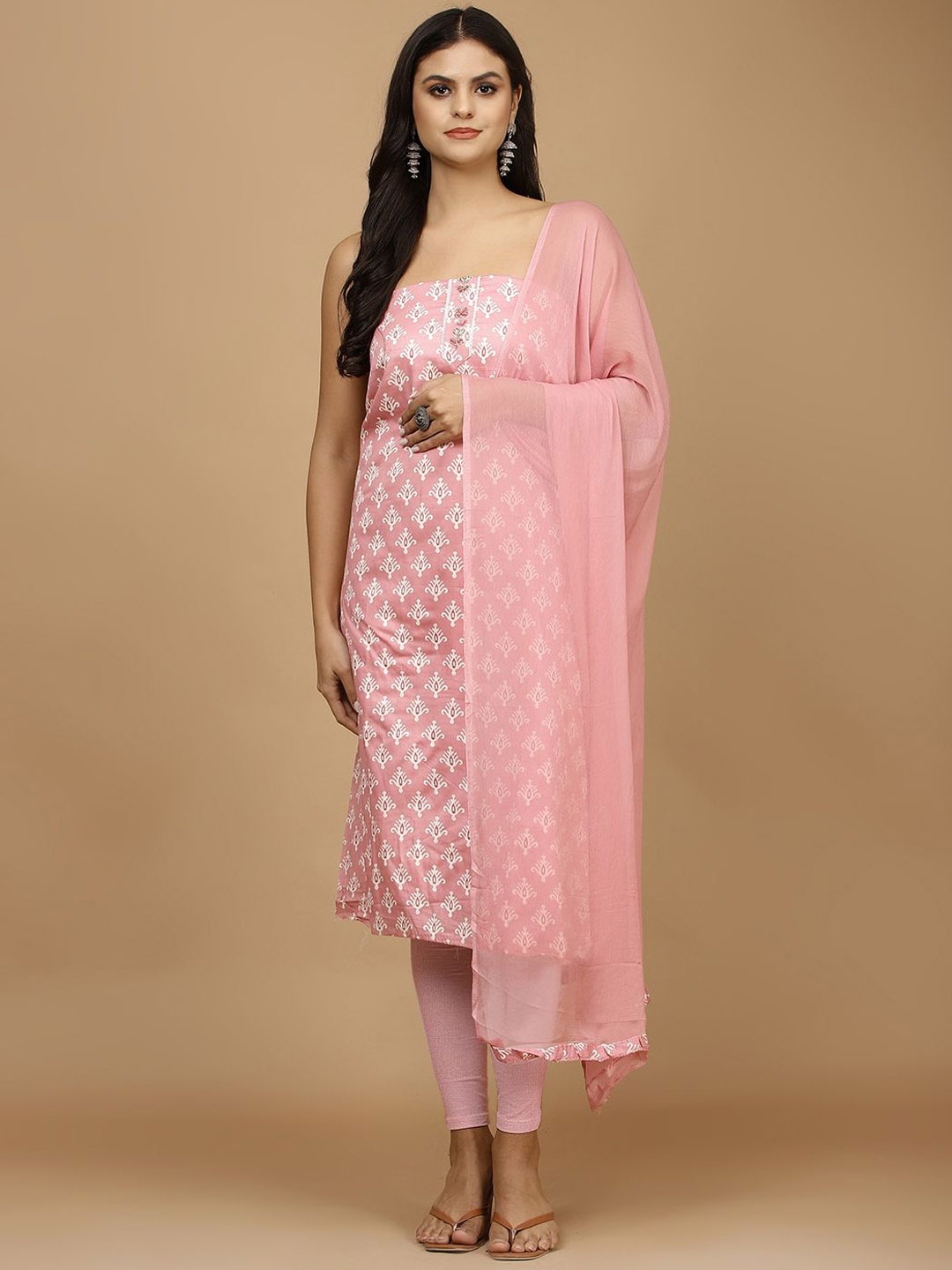 

Meena Bazaar Ethnic Motifs Printed Beads and Stones Unstitched Dress Material, Pink