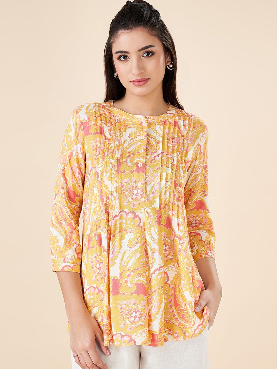 

AKKRITI BY PANTALOONS Women Cotton Mandarin Collar Three-Quarter Sleeves Printed Tunic, Mustard