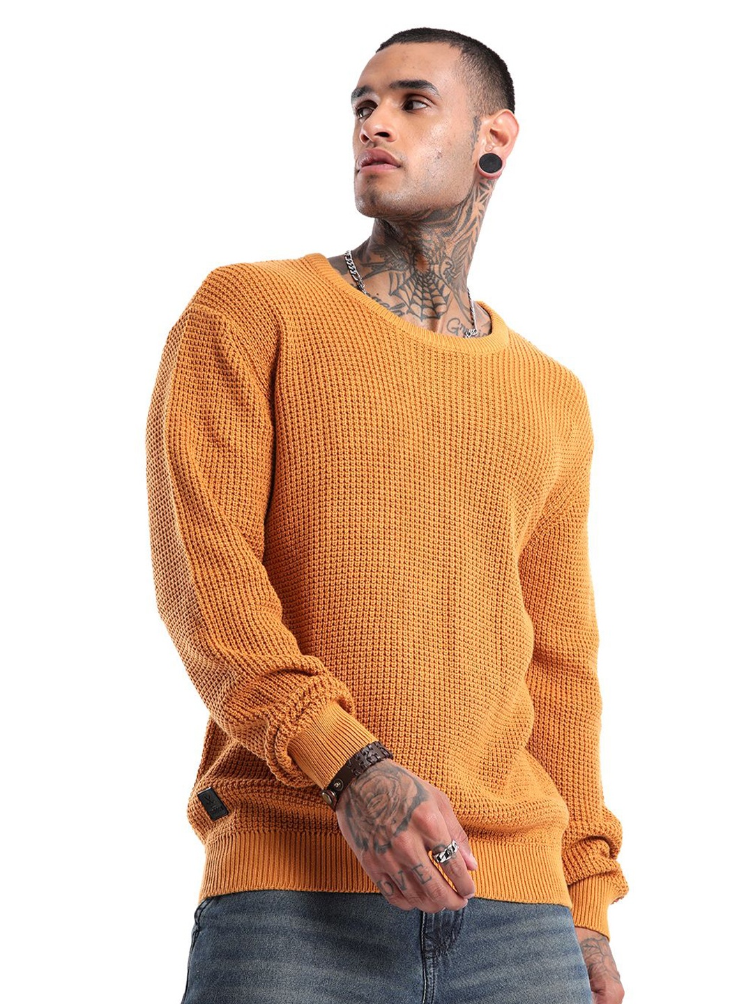 

WROGN Men Cable Knit Round Neck Pullover, Yellow