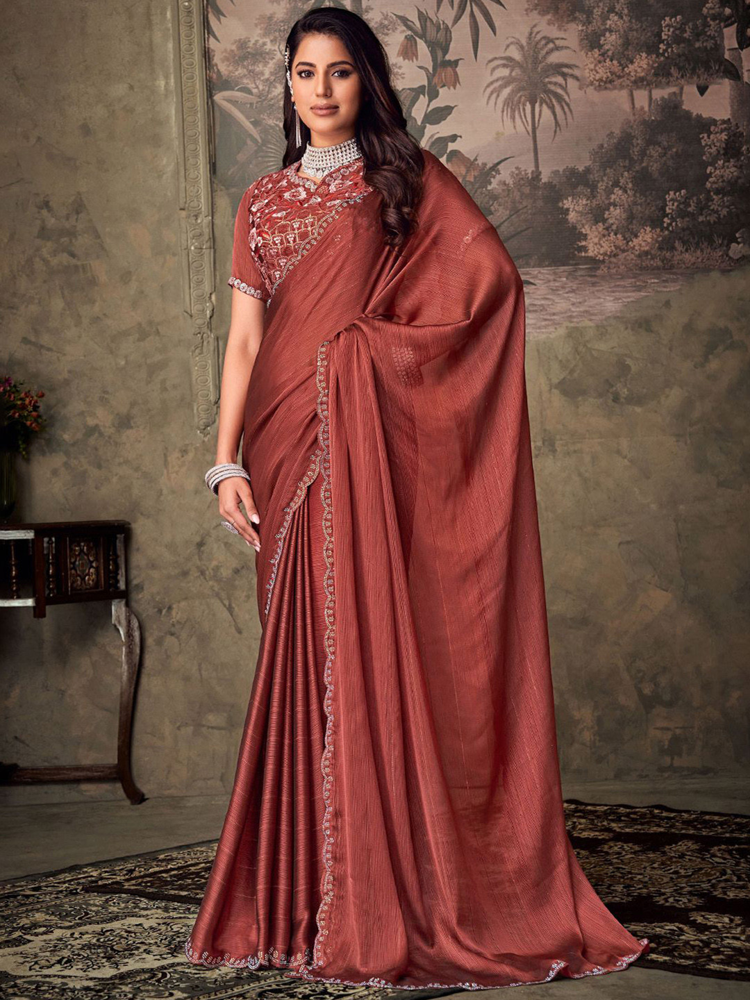 

SANSKAR Solid Embroidered Saree With Blouse Piece, Mauve